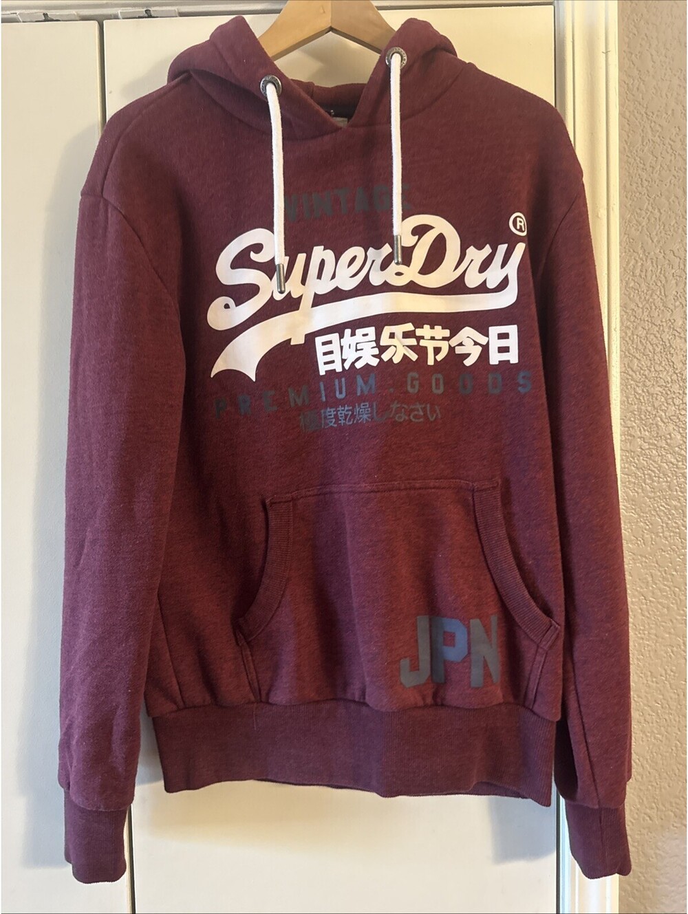Superdry Premium Goods JPN Vintage Hoodie Small Deep Burgundy Graphic Distressed
